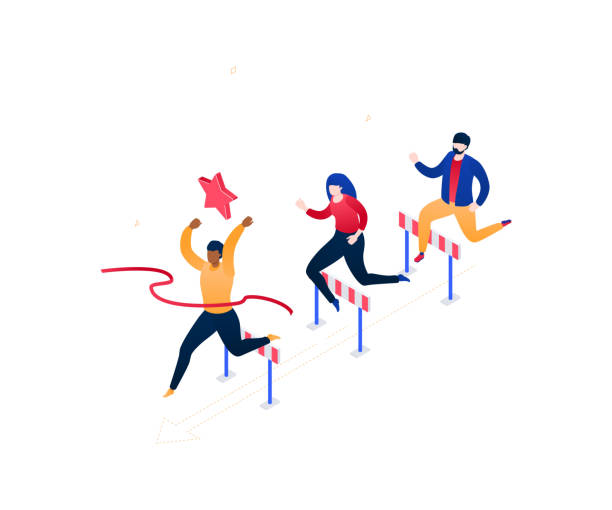 Business competition - modern colorful isometric vector illustration Business competition - modern colorful isometric vector illustration on white background. Image of male, female characters jumping over obstacles, hurdles, businessman winning. Leadership concept hurdle stock illustrations