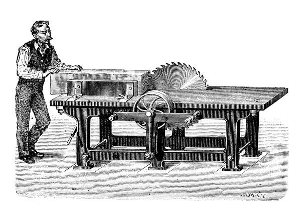 illustrations, cliparts, dessins animés et icônes de antique gravure illustration industrie manufacturière : vu - saw old fashioned mechanic antique