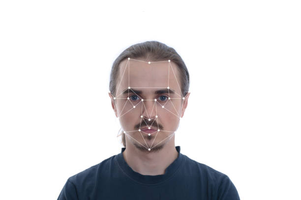 istock biometric security verification - face ID recognition concept. Technology of face tracking on polygonal grid, constructed by check points. High tech security and protection. Isolated on white background man portrait 1098349446