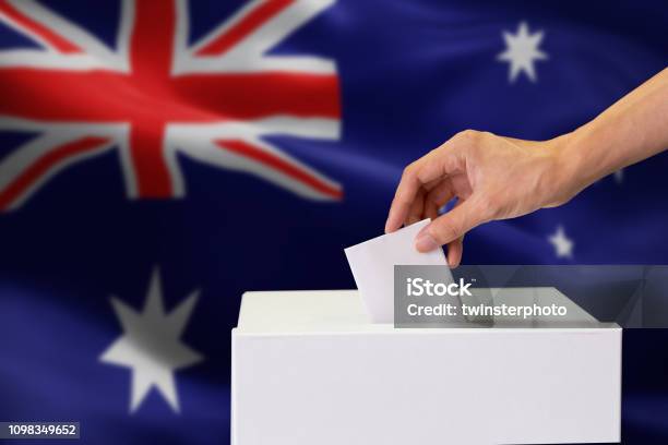 Primo Piano Del Lancio A Mano Umano E Inserimento Di Un Voto E Scelta E Presa Di Una Decisione Ciò Che Vuole Nel Polling Box Con La Bandiera Australiana Mescolata Sullo Sfondo - Fotografie stock e altre immagini di Australia