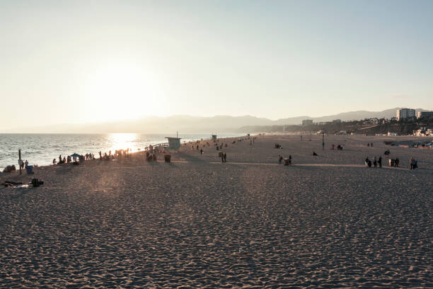 menschen am strand von santa monica bei sonnenuntergang - venice california santa monica pier sunset beach stock-fotos und bilder