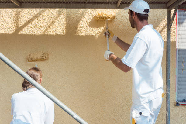 Back view of man and woman painter working