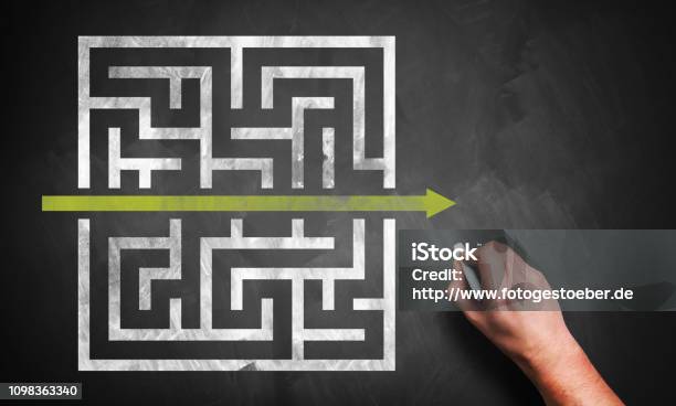 Hand Drawing A Shortcut To A Maze On A Chalkboard Stock Photo - Download Image Now - Efficiency, Footpath, Maze