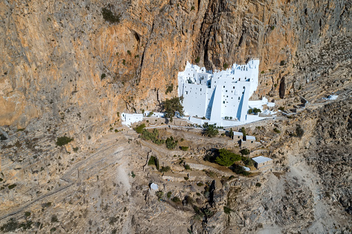 Aerial view of of Panagia Hozovitissa monastery on Amorgos island