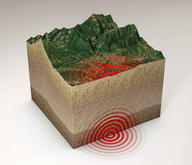 地震地面セクション、手ふれ、震源地と下層土。山とレリーフ - subsoil ストックフォトと画像