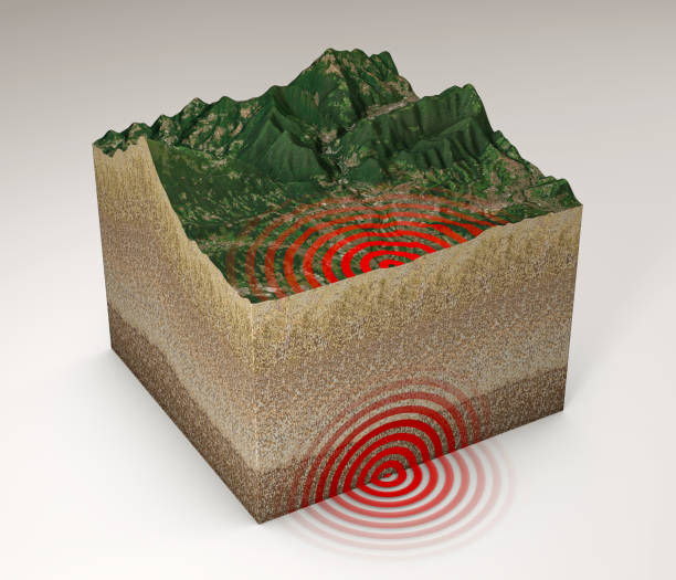 지진 지상 섹션, 쉐이크, 진원지와 지하자원 산 및 부각 - seismic waves 뉴스 사진 이미지