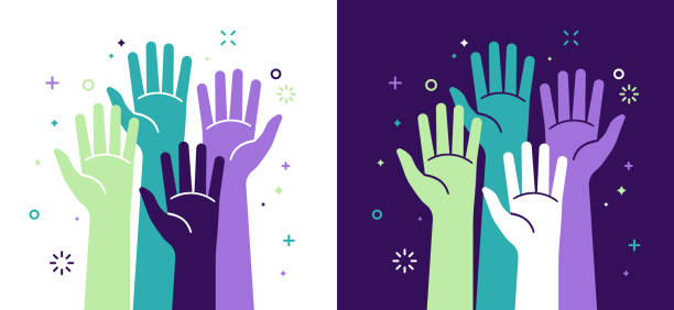Activism Social Justice and Volunteering Activism social justice and volunteering hands raised concept. purple illustrations stock illustrations