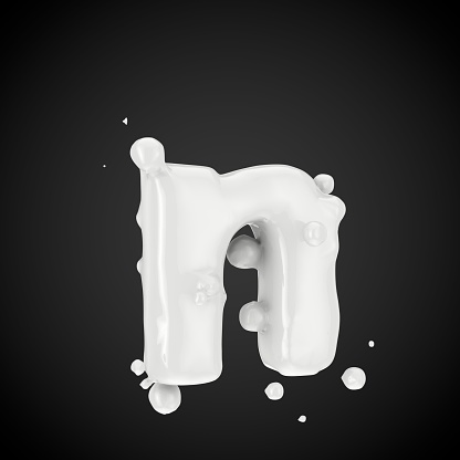 3d letter N lowercase. Milk font with drops isolated on black background. 3D render.