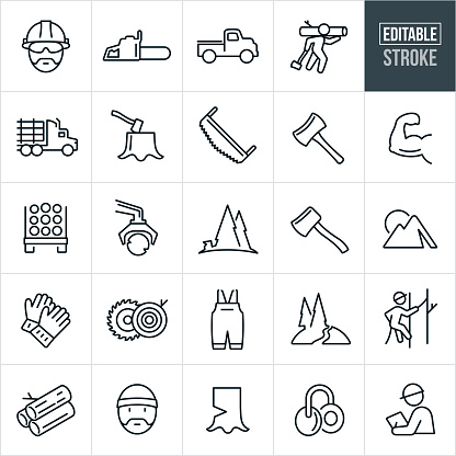 A set of lumberjack and logging icons that include editable strokes or outlines using the EPS vector file. The icons include a lumberjack, logging, chainsaw, work truck, logging truck, semi-truck, axe, wood saw, cutting, machinery, forest, work gloves, tools, saw, wood and ear protection to name a few.