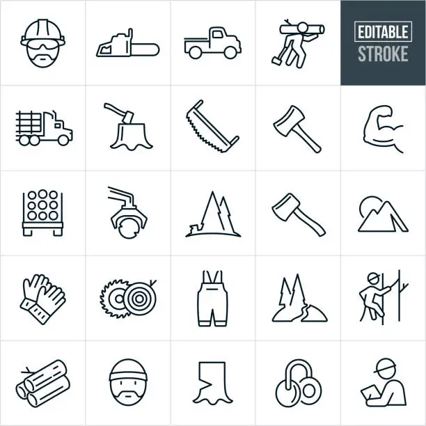 Vector illustration of Lumberjack Line Icons - Editable Stroke