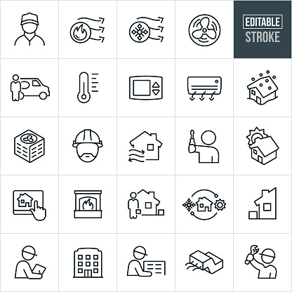 A set of heating and cooling icons that include editable strokes or outlines using the EPS vector file. The icons include HVAC, heating, cooling, air conditioner, blue collar worker, serviceman, thermometer, thermostat, blizzard, technician, hard hat, fireplace, home automation, installation and repair to name a few.