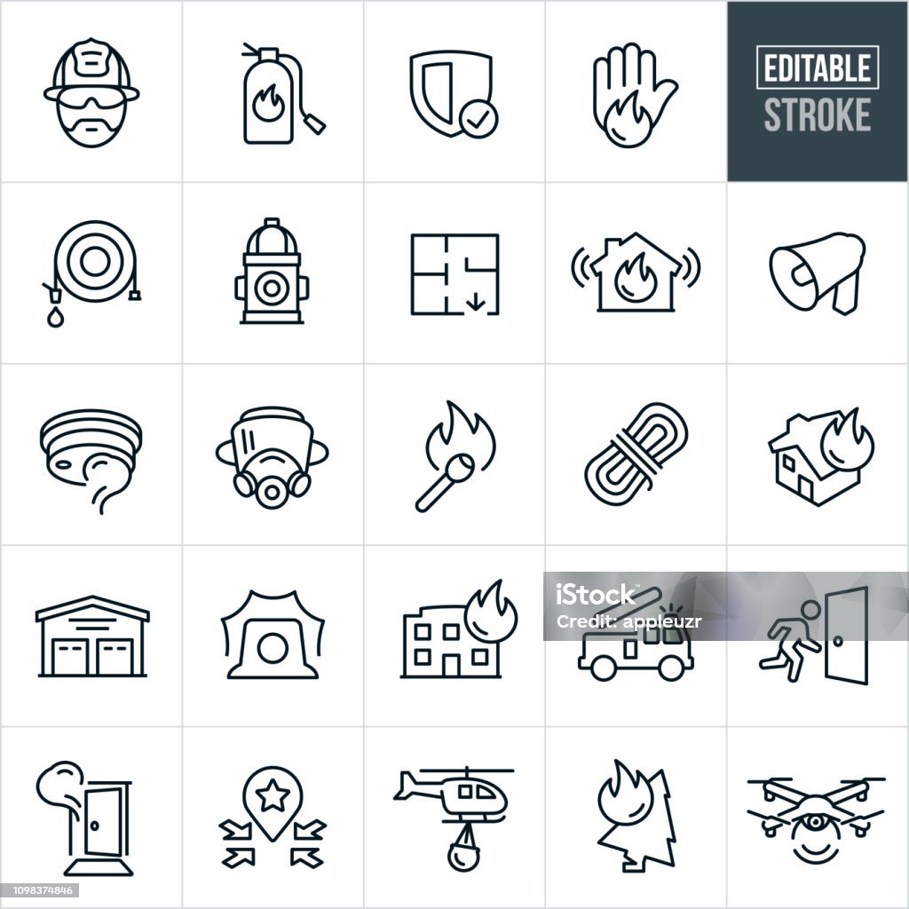 Firefighting Line Icons - Editable Stroke A set firefighting icons that include editable strokes or outlines using the EPS vector file. The icons include a fireman, fire extinguisher, fire, house fire, building fire, bullhorn, fire alarm, smoke detector, fire hose, match stick, gas mask, rope, fire station, siren, firetruck, exit, forest fire, helicopter and drone to name a few. Icon Symbol stock vector