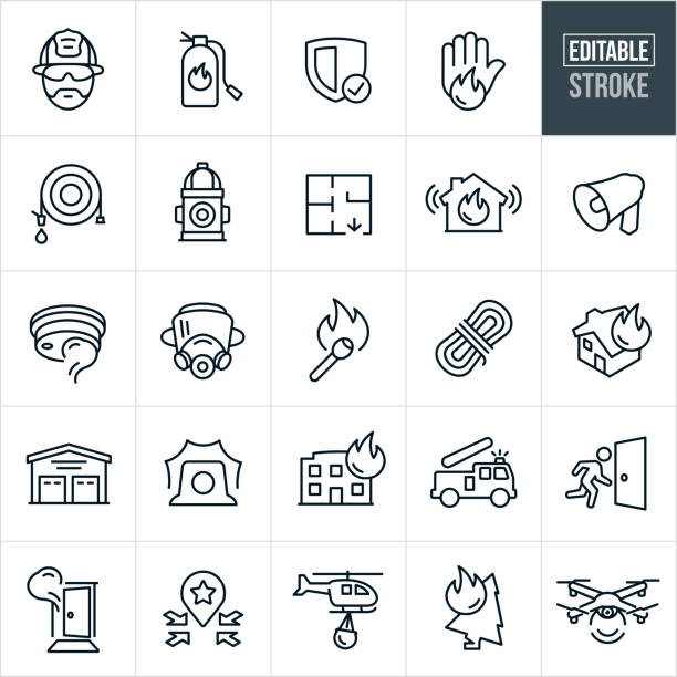 Firefighting Line Icons - Editable Stroke A set firefighting icons that include editable strokes or outlines using the EPS vector file. The icons include a fireman, fire extinguisher, fire, house fire, building fire, bullhorn, fire alarm, smoke detector, fire hose, match stick, gas mask, rope, fire station, siren, firetruck, exit, forest fire, helicopter and drone to name a few. fire station stock illustrations