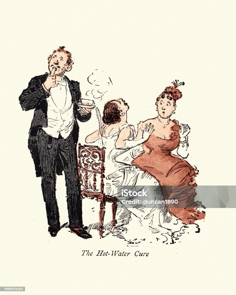 Victorian cartoon, Clumsy man spilling his drink down woman's back Vintage engraving from a Victorian cartoon, Mr Blunderbore in Society, The Graphic, 1884. Clumsy man spilling his drink down a womans back at a party Tea - Hot Drink stock illustration