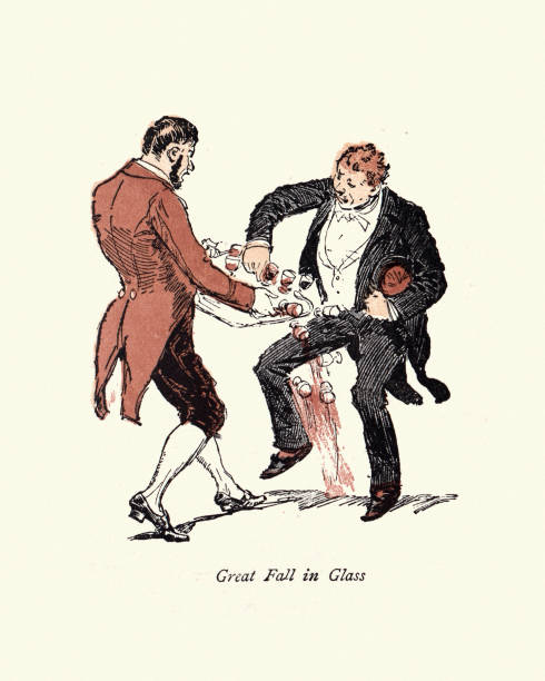 viktorianische cartoon, ungeschickt mann umzuwerfen tablett mit getränken - spilling wine glass drink stock-grafiken, -clipart, -cartoons und -symbole