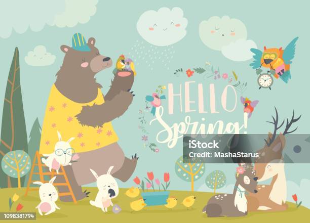 Cute Animals Meeting Spring In The Forest Stock Illustration - Download  Image Now - Animal, Cute, Bear - iStock