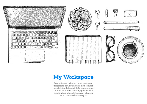 Office desk table top view sketch. Workspace with laptop, notebook, coffee cup, plant, pencil, pen, glasses, headphones. Hand drawn vector illustration. Business concept.