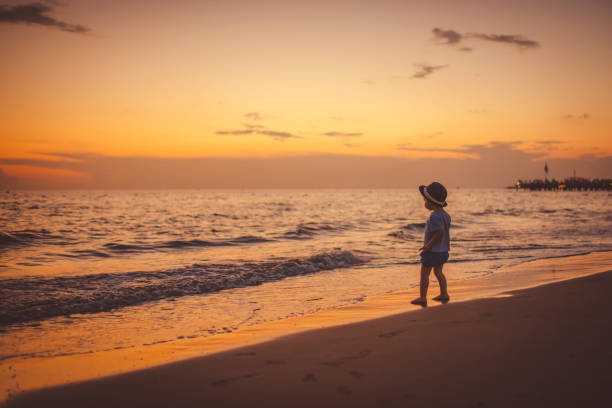 Happy child enjoying sunset near the sea