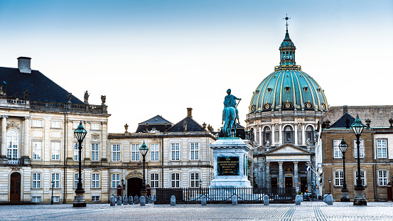 The square of Amalienborg Royal Palace . Copenhagen, Denmark, dawn