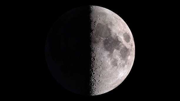 Half moon on black sky Moon seen from space. CG graphics created using VC ORB plugin AF Adoby. Texture map used from: https://www.solarsystemscope.com/textures/download/8k_moon.jpg half moon stock pictures, royalty-free photos & images