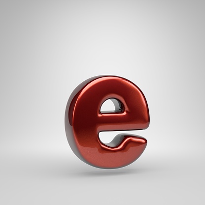 3D letter E lowercase. Red glossy metallic letter isolated on white background