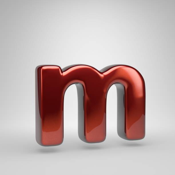 3D letter M lowercase. Red glossy metallic letter isolated on white background