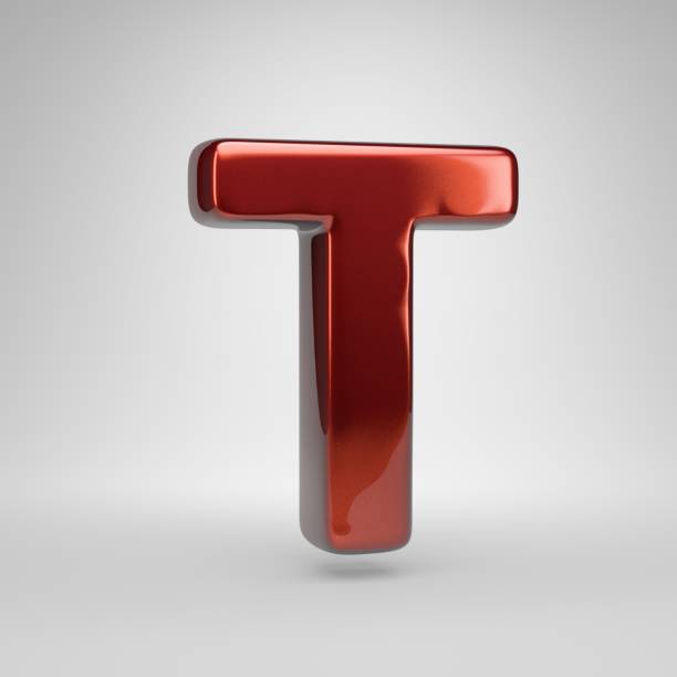 3D letter T uppercase. Red glossy metallic letter isolated on white background