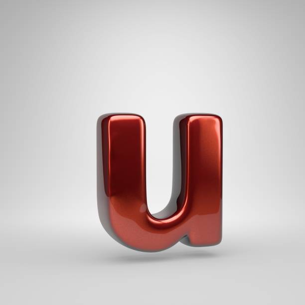 3D letter U lowercase. Red glossy metallic letter isolated on white background