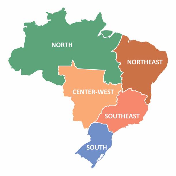 illustrazioni stock, clip art, cartoni animati e icone di tendenza di mappa delle regioni del brasile - region