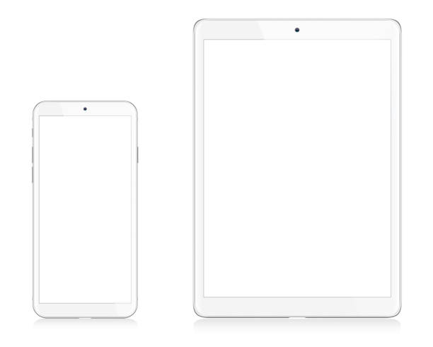 현대 흰색 디지털 태블릿 및 스마트폰 - smart phone mobile phone touchpad telephone stock illustrations