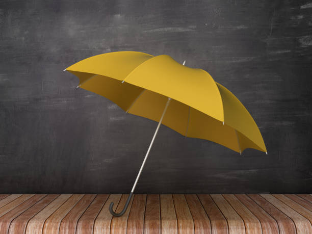 istock Umbrella on Wood Floor - Chalkboard Background - 3D Rendering 1098396424