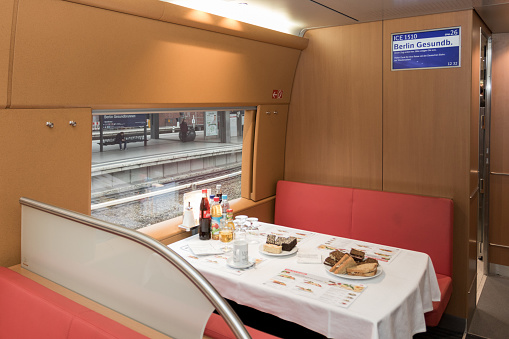 Berlin, Germany, March 7, 2017 - Deutsche Bahn is currently modernizing its ICE 3-type ICE trains. View into the newly designed dining car.