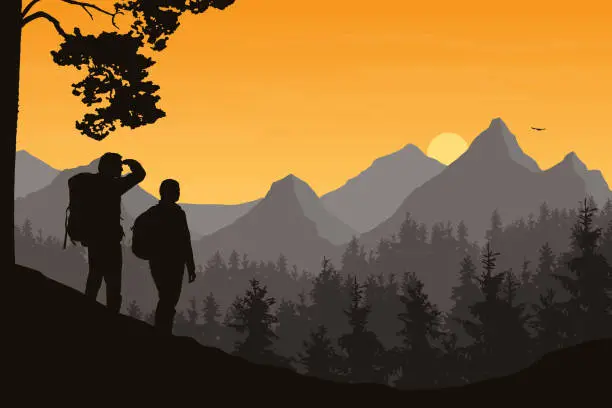 Vector illustration of Realistic illustration of mountain landscape with forest and two tourists, man and woman. Morning orange sky with rising sun, clouds and flying bird - vector