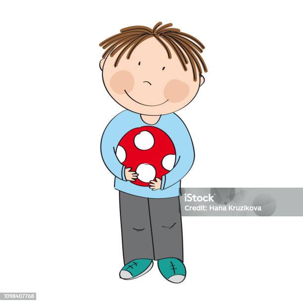 Happy Cute Little Boy With Ball Original Hand Drawn Illustration Stock Illustration - Download Image Now