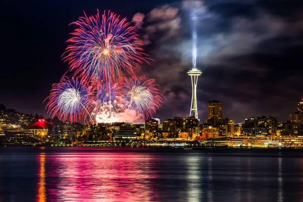 Photo of Lake Union 4th of July Fireworks and the Seattle skyline, as seen from across Elliott Bay at Seacrest Park in West Seattle, WA, USA