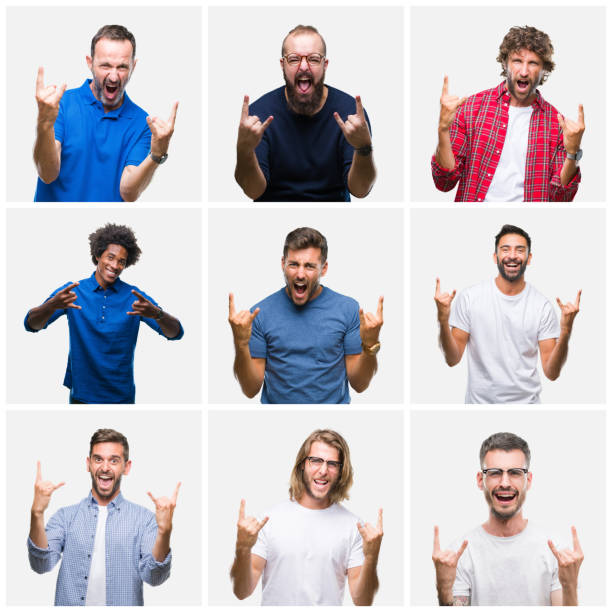 istock Collage of group of men over white isolated background shouting with crazy expression doing rock symbol with hands up. Music star. Heavy concept. 1098426218