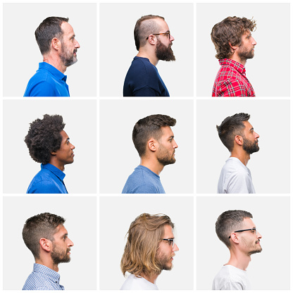 Collage Of Group Of Men Over White Isolated Background Looking To Side  Relax Profile Pose With Natural Face With Confident Smile Stock Photo -  Download Image Now - iStock