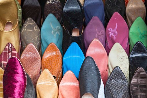 Rows of babouches (slipper) for sale in the souk of Tanger.