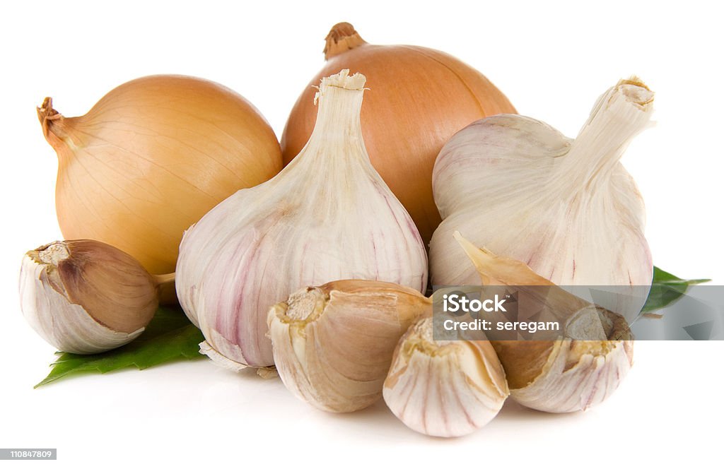 garlic and onion isolated on white  Close-up Stock Photo