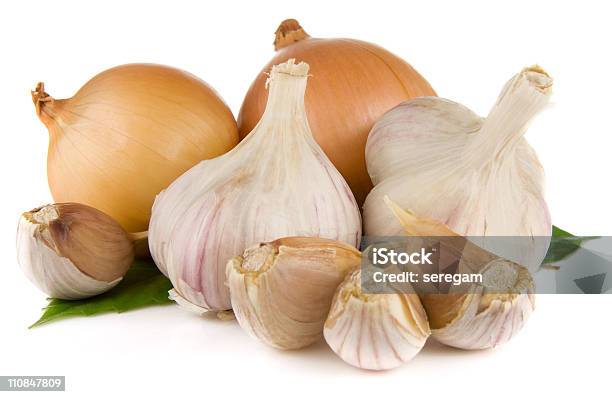 Garlic And Onion Isolated On White Stock Photo - Download Image Now - Close-up, Color Image, Cut Out