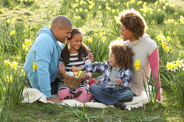 familia descansando en campo de primavera daffodils - daffodil easter egg hunt easter easter egg fotografías e imágenes de stock