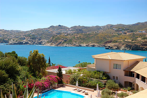istock Swimming pool at the modern luxury villa, Crete, Greece 110866299