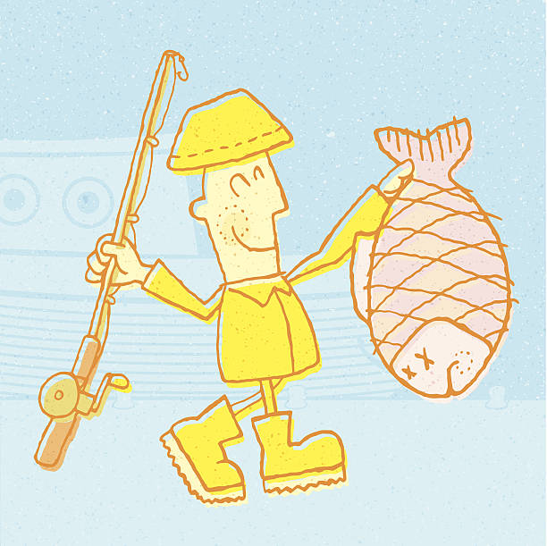 Happy Retro 50s style cartoon fisherman with a big fish.