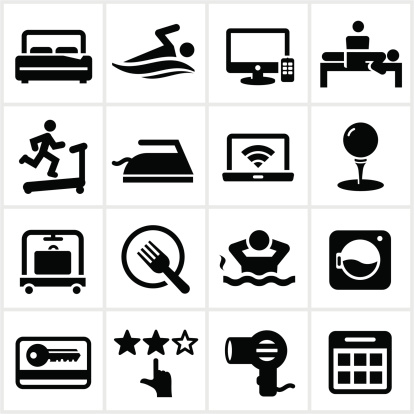 Resort/Hotel icons in one color. All white shapes and strokes are cut from the icons.