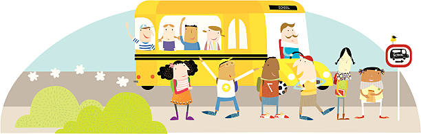 기다리는 스쿨 버스 - bus child waiting education stock illustrations