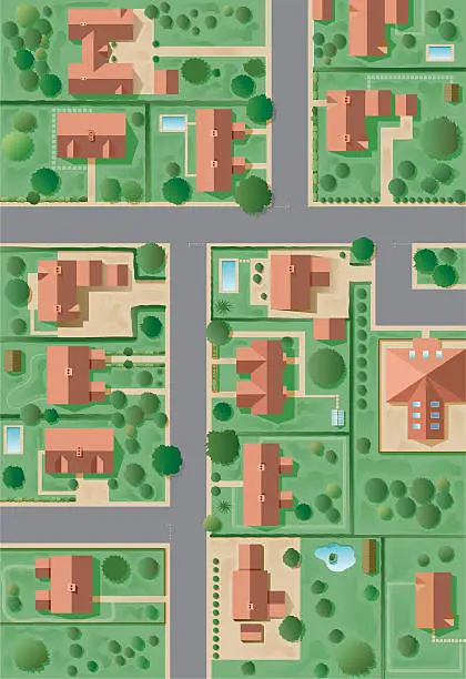 Vector illustration of Aerial cartoon suburban neighborhood 