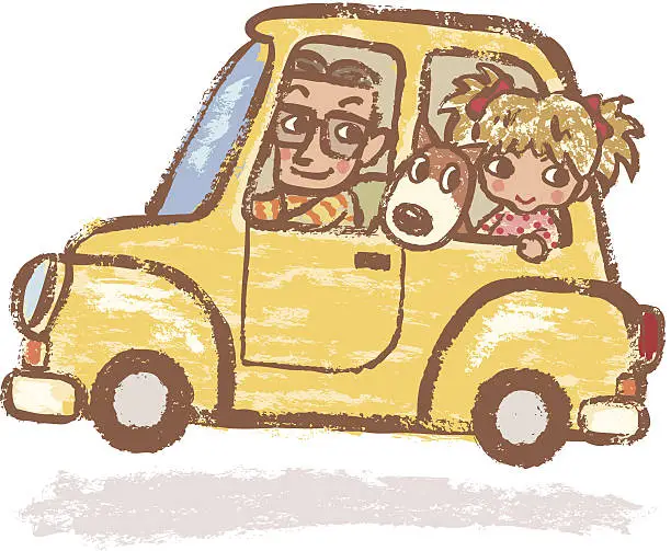 Vector illustration of Father and daughter who has gotten on car with dog