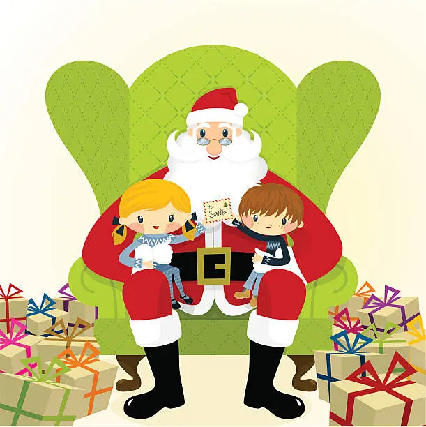 Vector illustration of Santa Claus with kids and christmas presents gifts