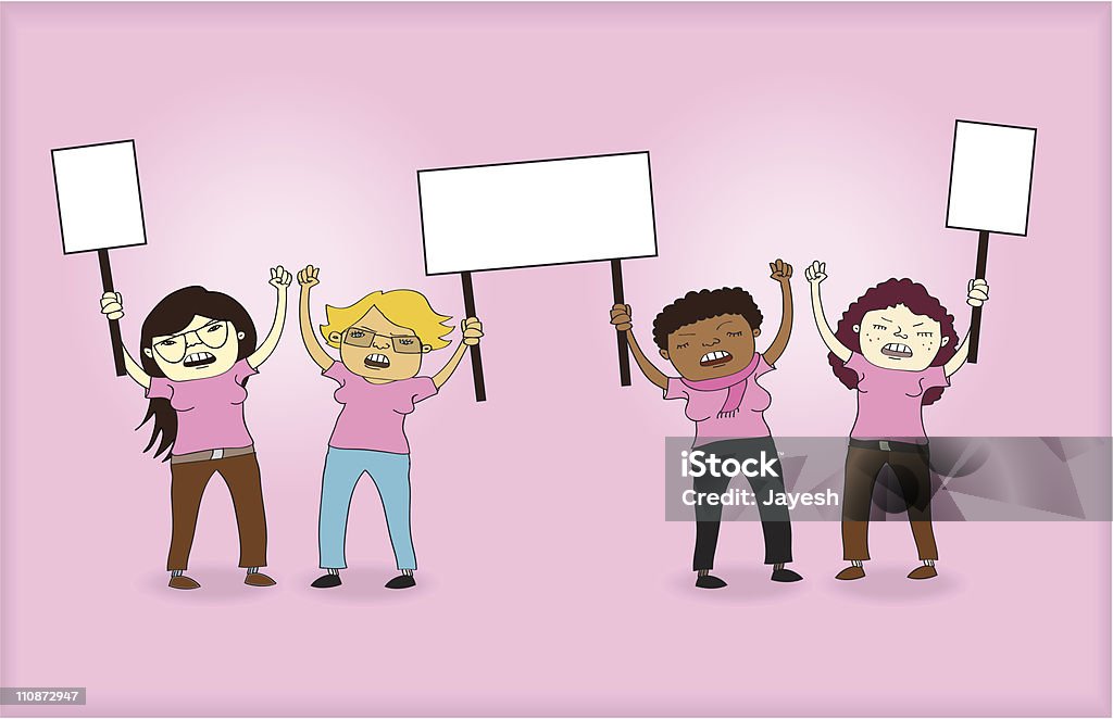 Femme tenant les panneaux de protestation de militants - clipart vectoriel de Cartoon libre de droits