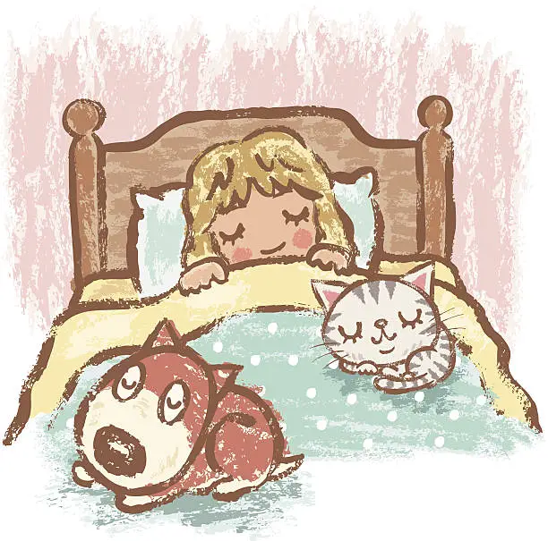 Vector illustration of Sleeping girl with dog and cat